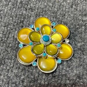 Vintage‎ Flower Brooch Yellow & Turquoise Rhinestone Floral Pin Costume Jewelry
